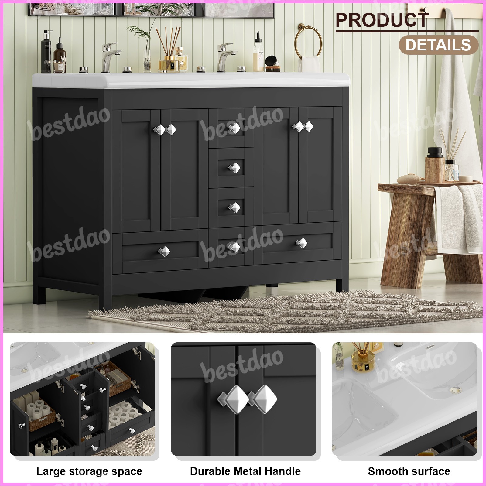 47″ Bathroom Vanity Cabinet with Double Sink Ceramic and 5 Drawers Freestanding