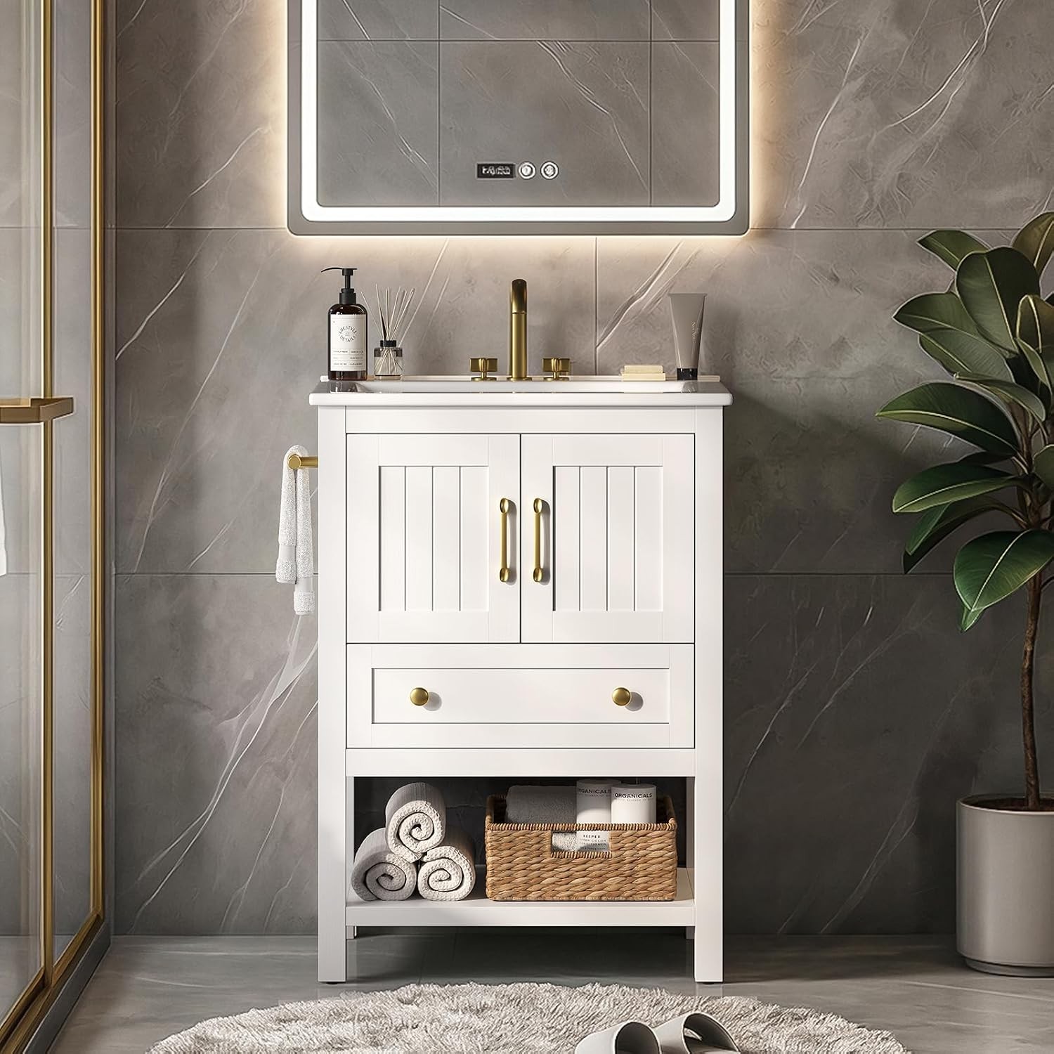 24 Bathroom Vanity with Sink and Towel Holder Modern White