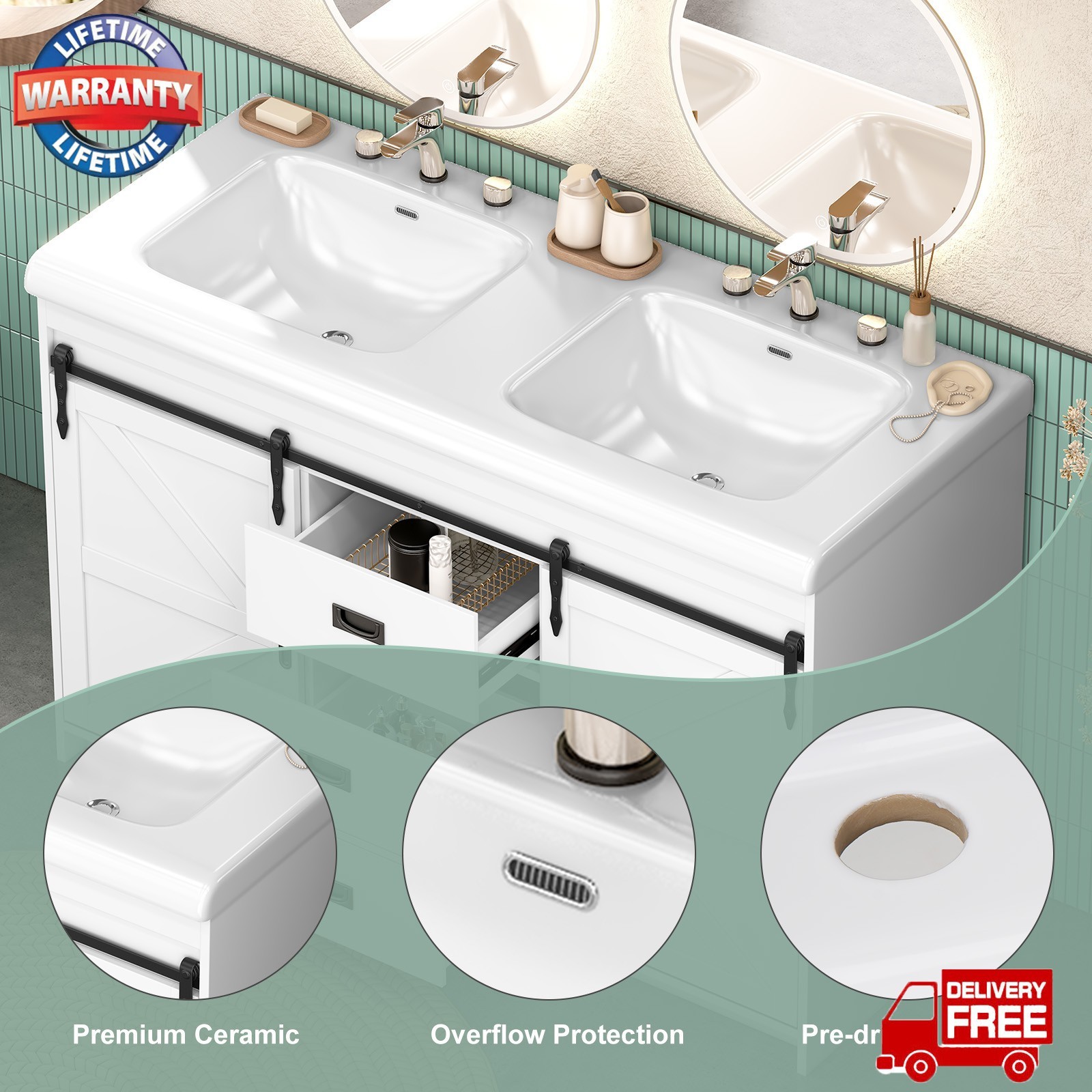 47″ Bathroom Vanity w/Double Ceramic Sink, Freestanding Vanity Cabinet,2 Drawers