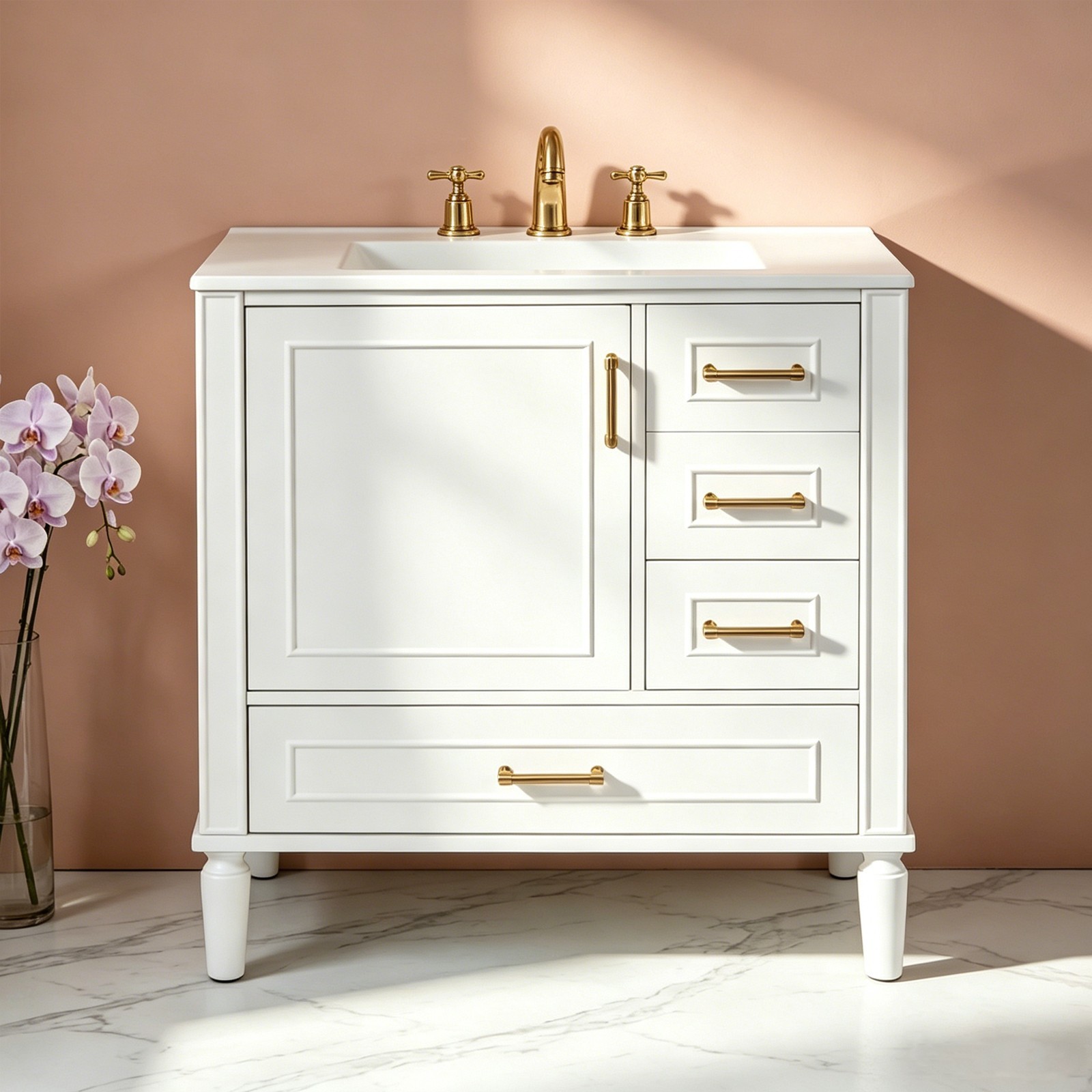 30″White Bathroom Sink Vanity Ceramic Basin Floor Standing Bathroom Cabinet Sink