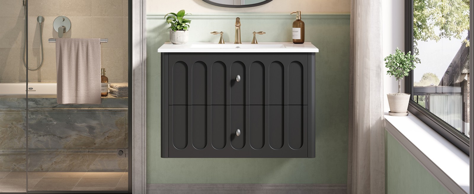 30″ Modern Bathroom Cabinet Floating Bathroom Vanity w/Oval Knobs & Round Edge