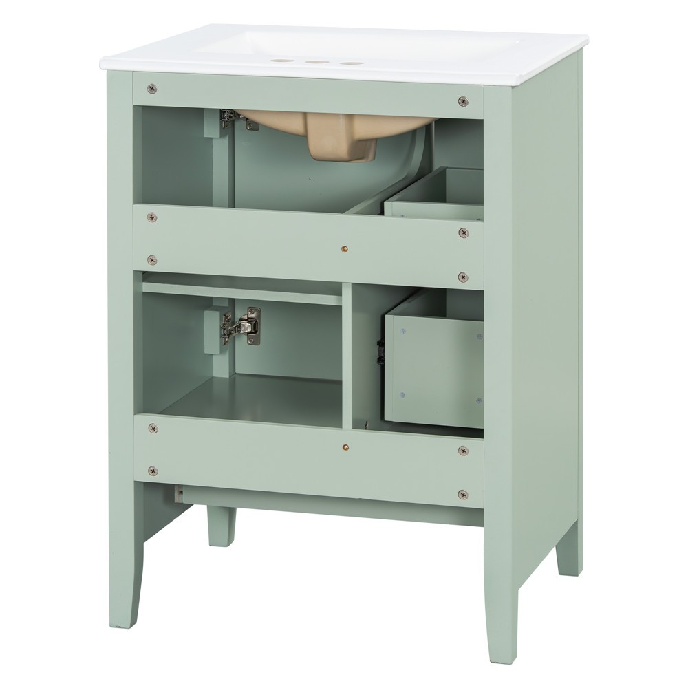 24″ Bathroom Vanity w/Ceramic Sink, Freestanding Vanity Cabinet, 3 Drawers, Door