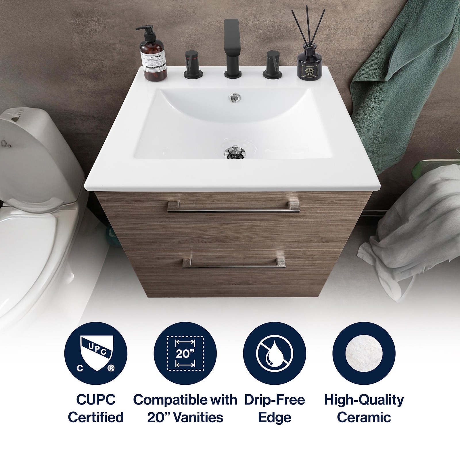 JONATHAN Y Lighting SNK1000 Ancillary 20″ Ceramic Vanity Top – White