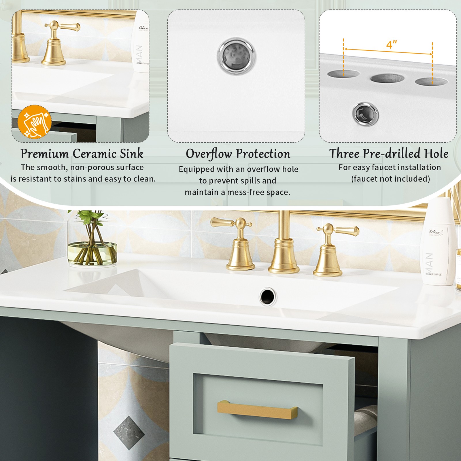 30″ Bathroom Vanity with Sink, Solid Wood Frame, Sage Green