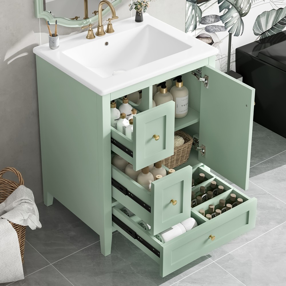 24″ Bathroom Vanity w/Ceramic Sink, Freestanding Vanity Cabinet, 3 Drawers, Door