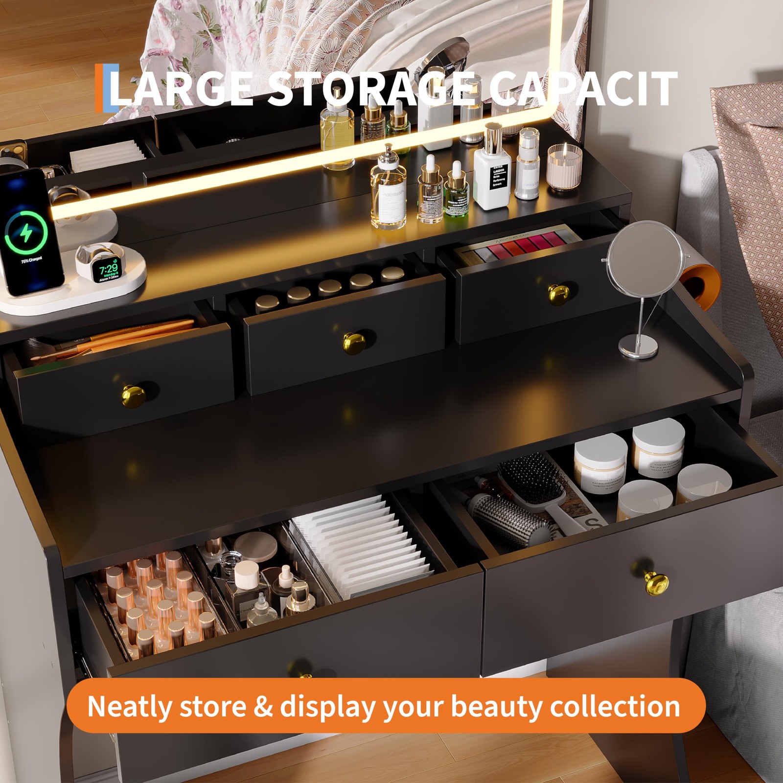 31.5-Inch Vanity Set Stool LED Mirror Hairdryer Holder Power Outlet