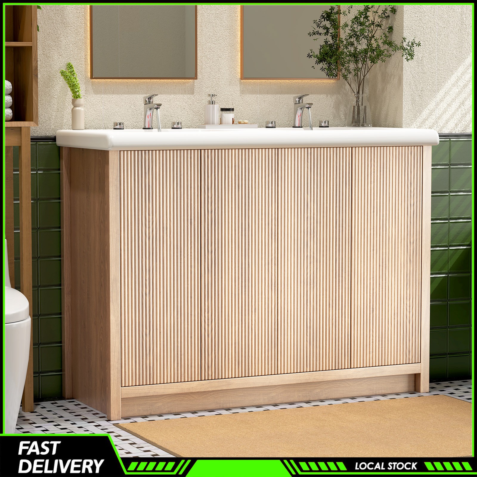 47″ Bathroom Vanity Double Ceramic Sink Freestanding Cabinet Storage With Door