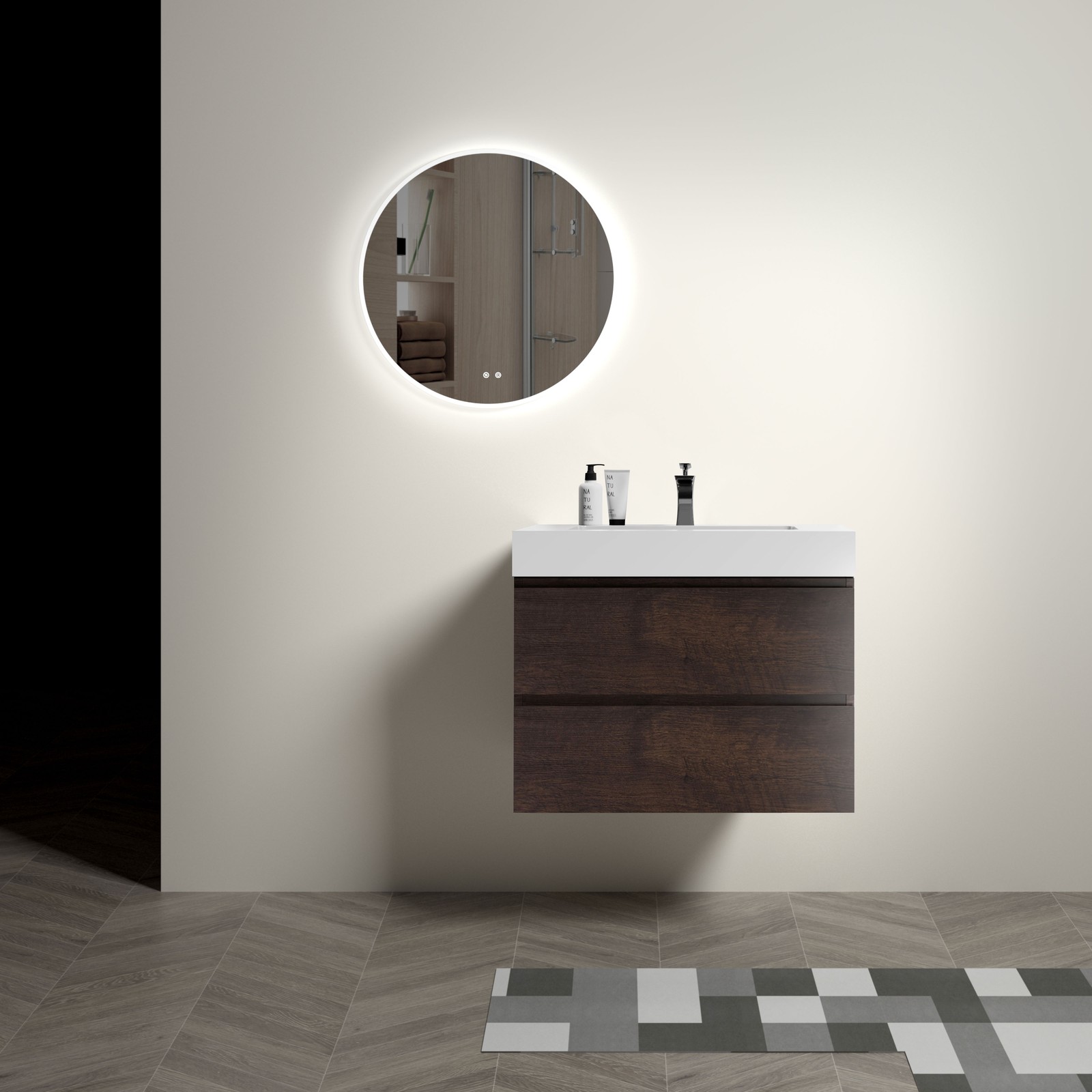 30″ Walnut Floating Bathroom Vanity with Sink & Triple Drawers