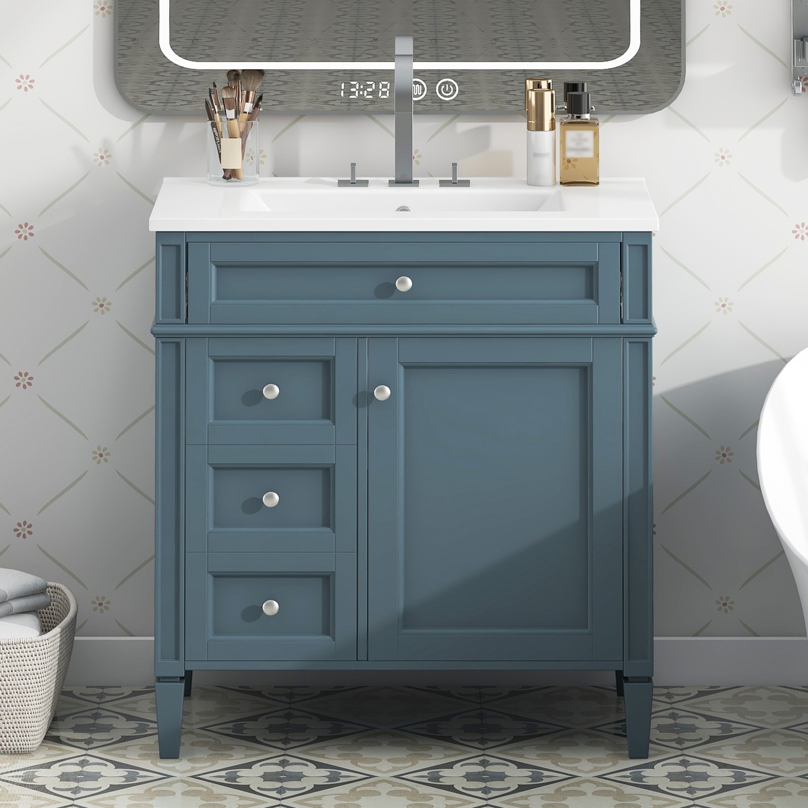30″ Bathroom Vanity with Top Sink, 2 Drawers & Tip-Out Drawer