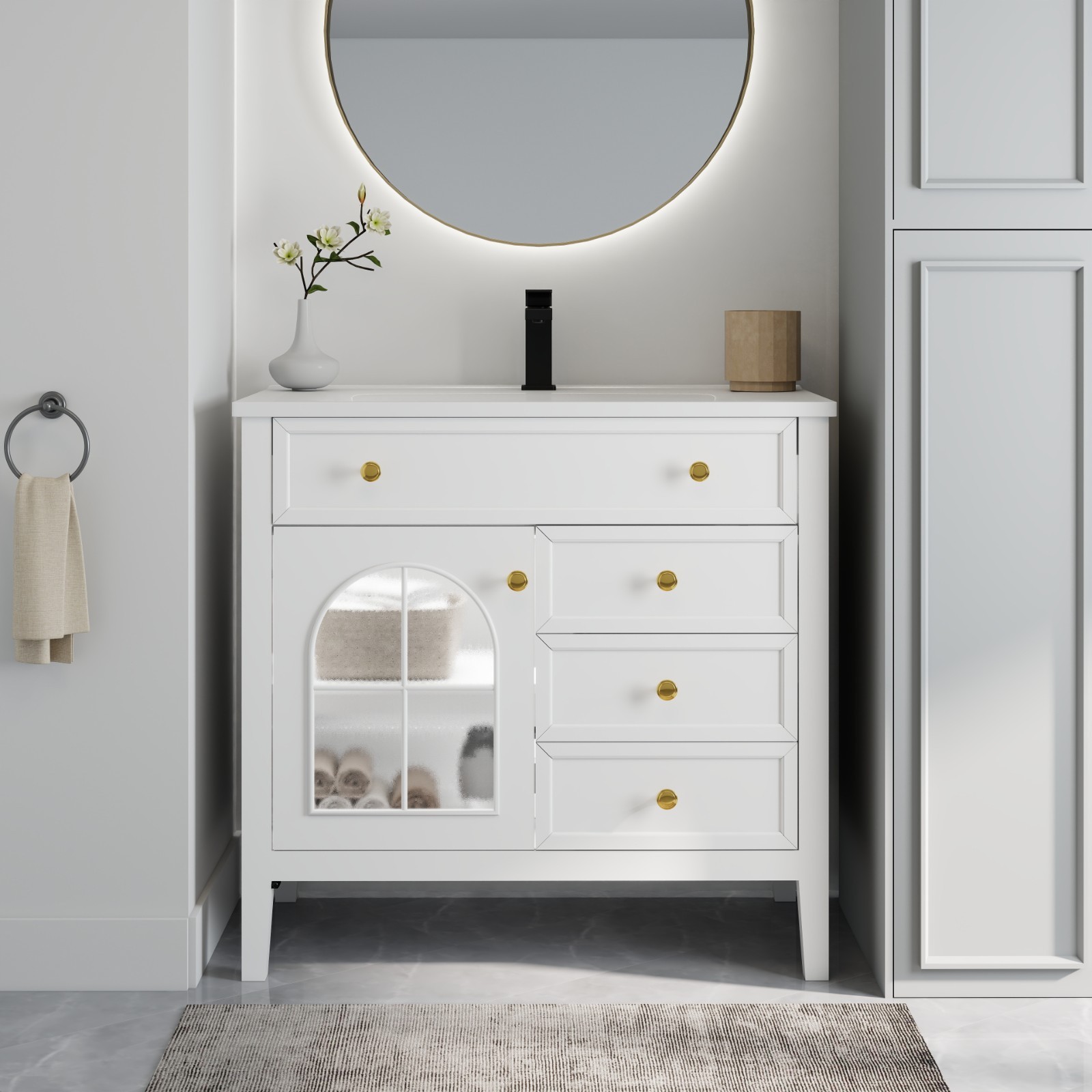 35.6″ Bathroom Vanity Storage Cabinet w/ Ceramic Sink Glass Motion Sensor Light
