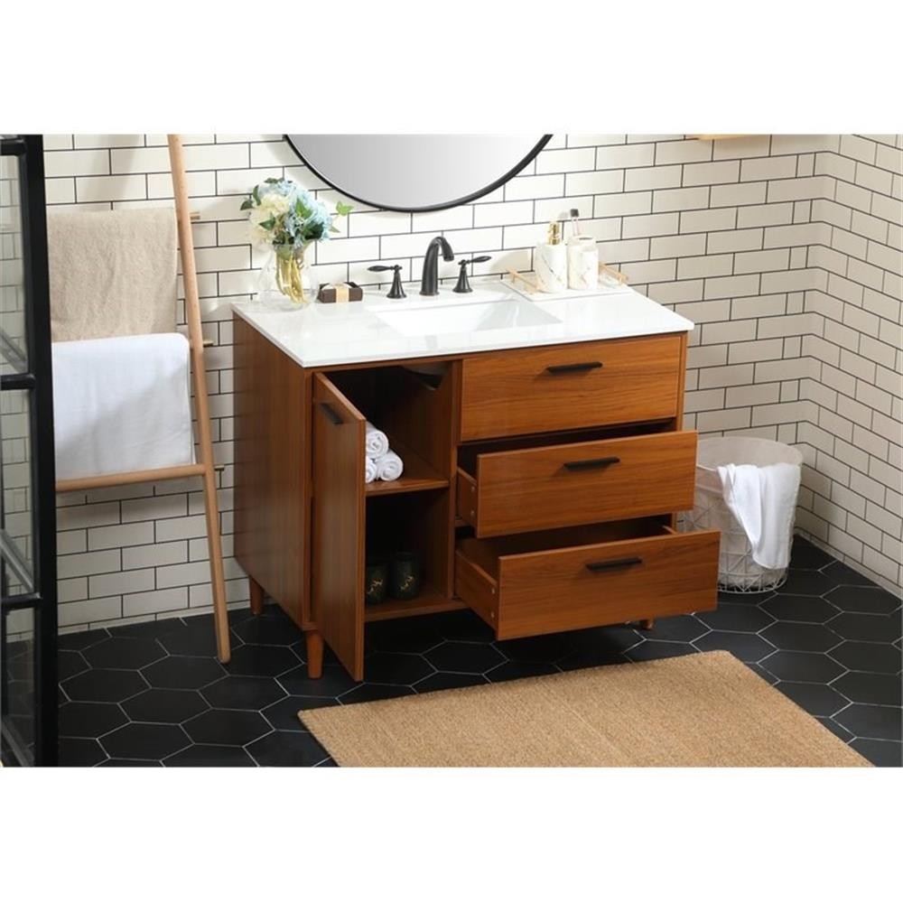 Pemberly Row Modern 42″ Solid Wood and MDF Bathroom Vanity in Teak