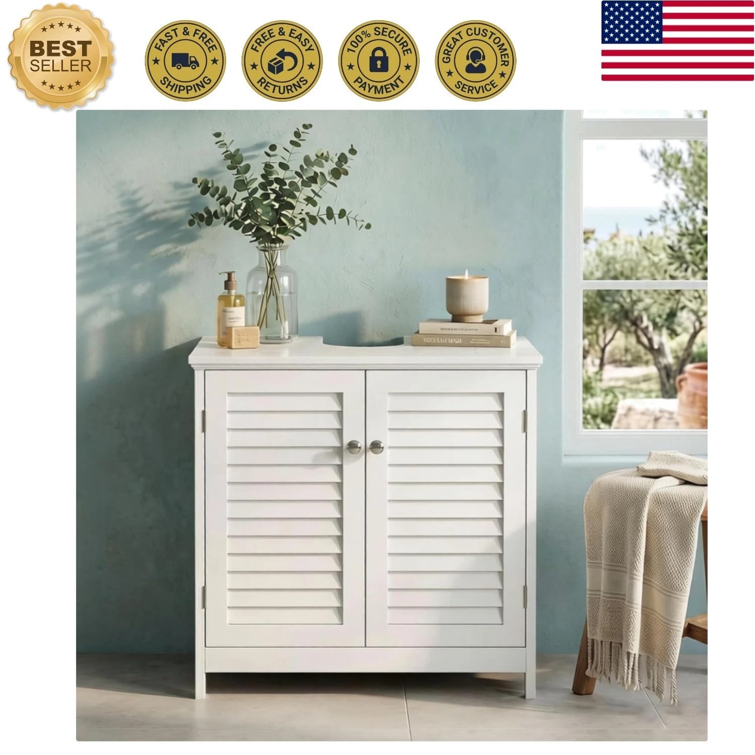 Elegant Under Sink Cabinet in White – U-Shaped Freestanding Storage Solution