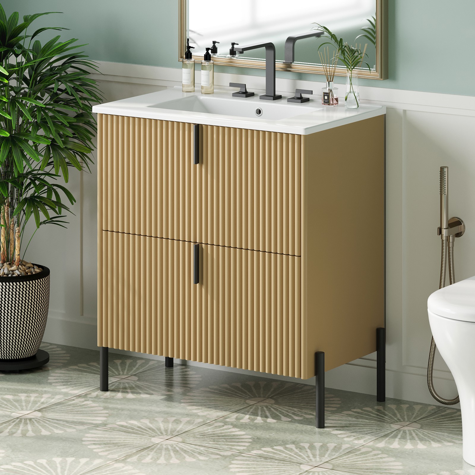 30″ Bathroom Vanity with Ceramic Sink Freestanding Bathroom Vanity w/2 Drawers