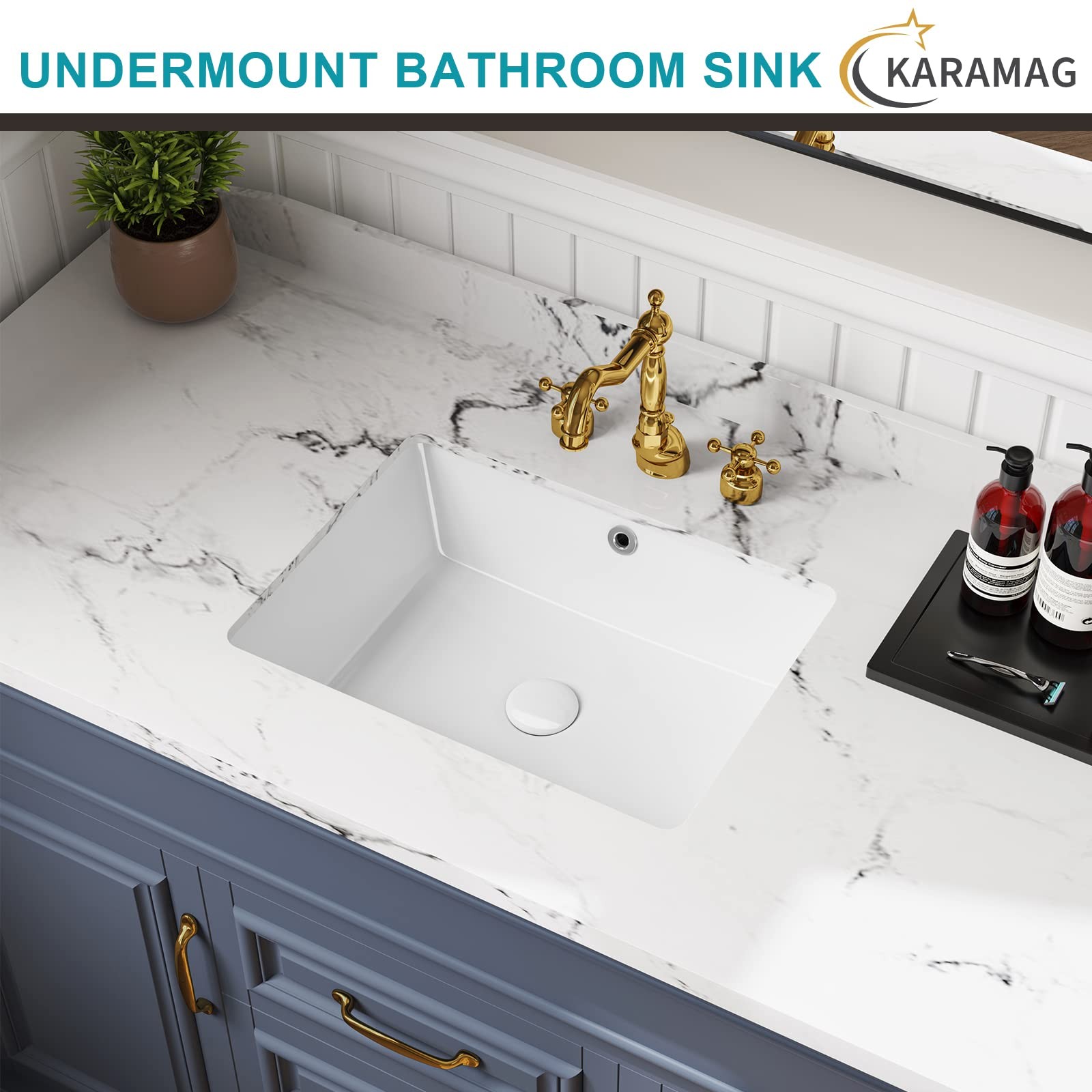 18″ White Ceramic Undermount Bathroom Sink with Overflow, Rectangle Design