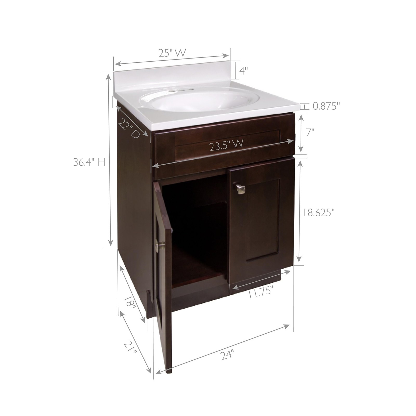 Brookings Vanity in Espresso w/ White Marble Top Fully Assembled 25″