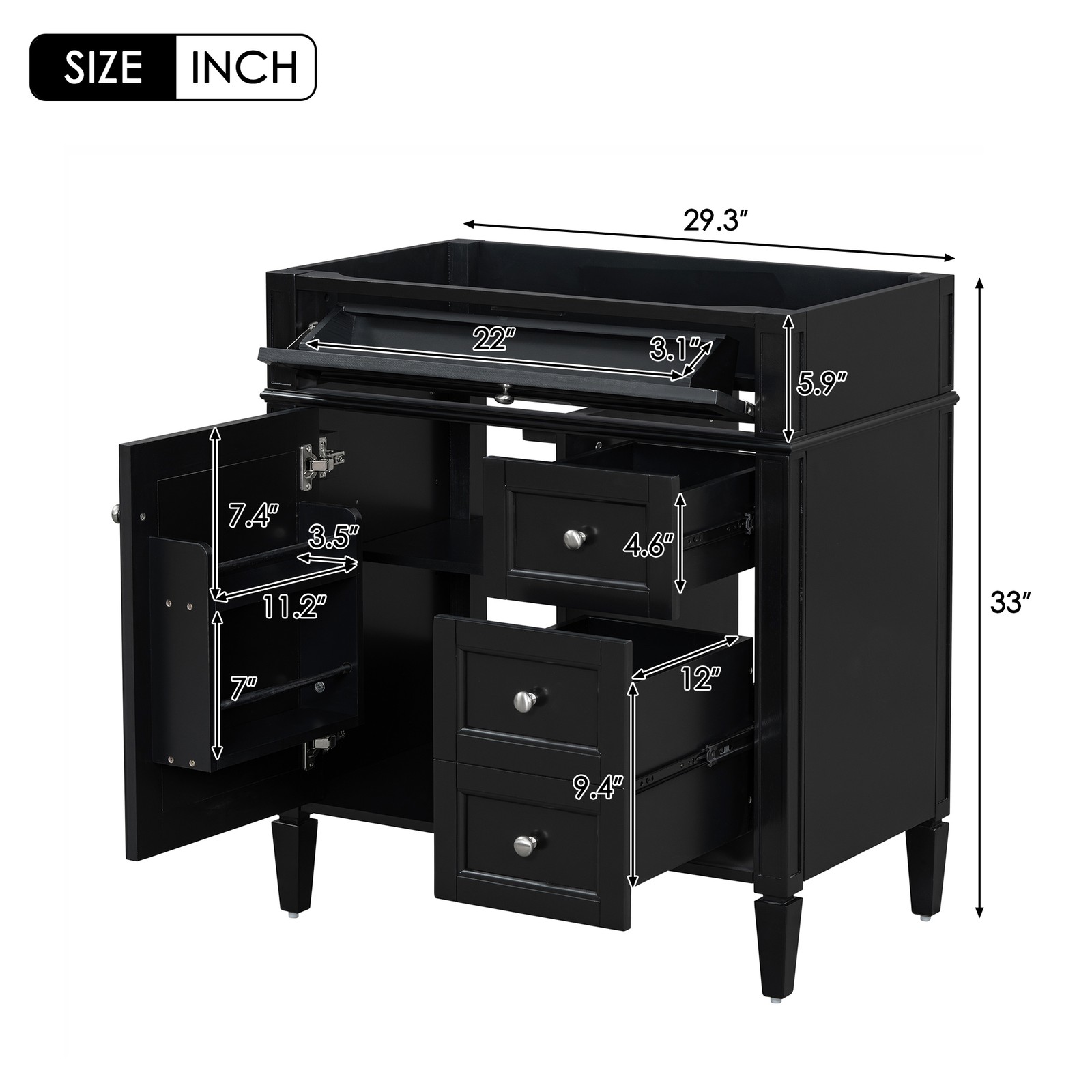 30″ Bathroom Vanity Cabinet Black Solid Wood MDF 2 Drawers