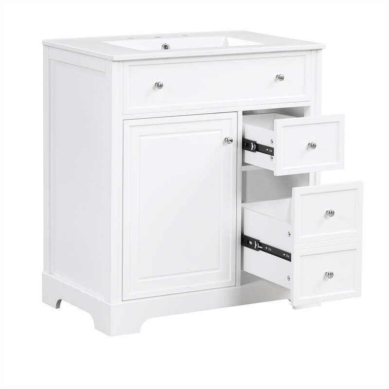 30″ White Bathroom Vanity with Ceramic Sink Set Storage Cabinet w/Door & Drawers