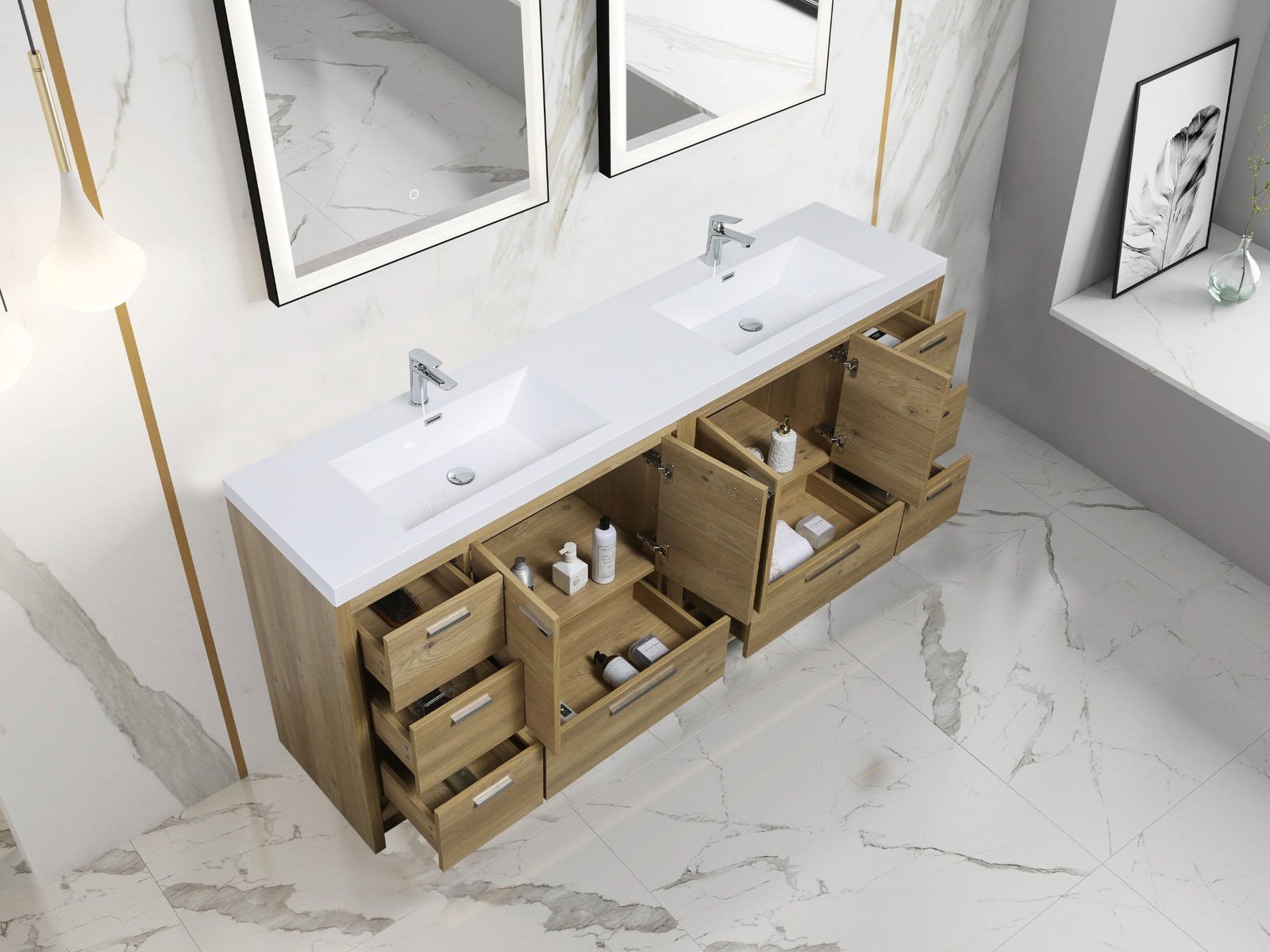 Alma-Allier 84″ Natural Oak Finish Vanity With A Integrated Sink