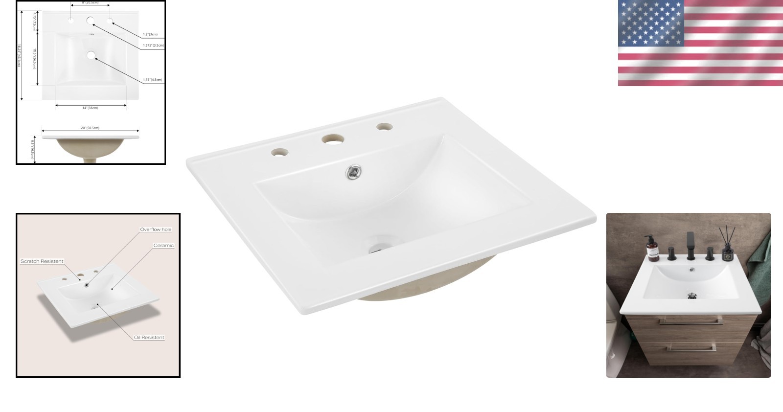 Contemporary 20″ White Ceramic Sink Top with Overflow Drain – Easy Install