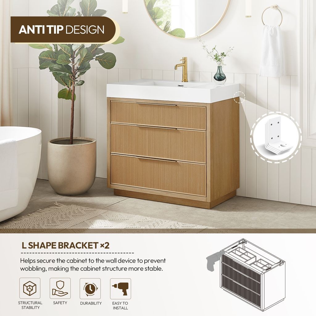 Hohhot 36″ Single Bath Vanity in Washed Ash Grey with White Stone Top