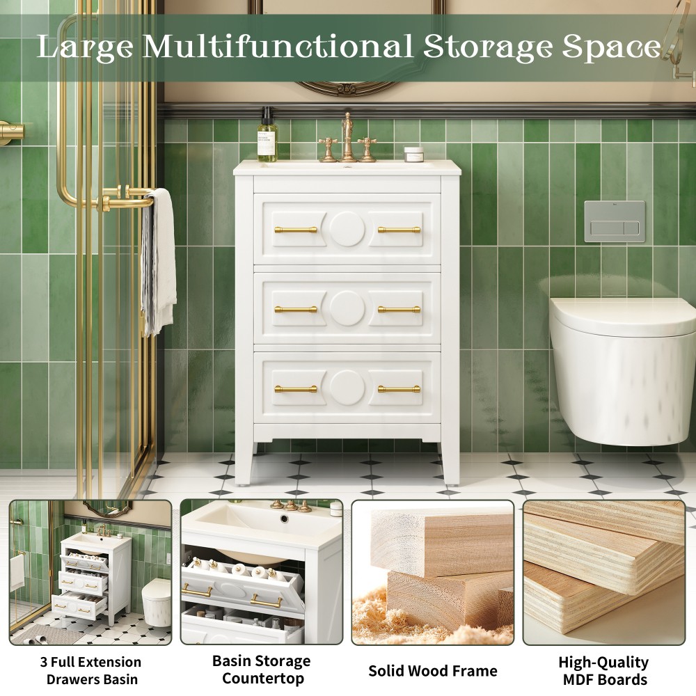 Bathroom Vanity W Ceramic Sink Combo 3 Drawers
