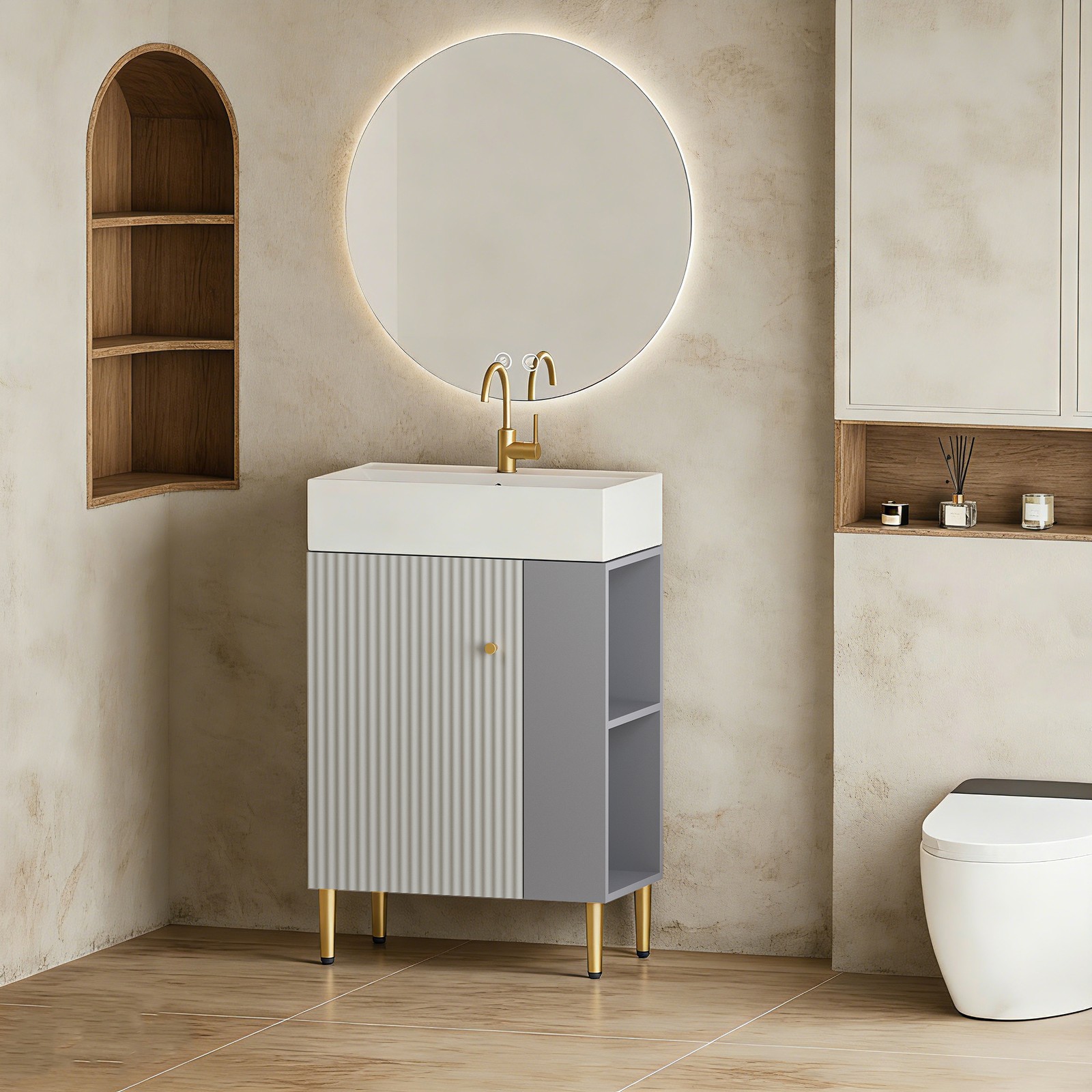 21.6″ Open-Shelving Vanity with Ceramic Sink and Soft-Close Door Grey