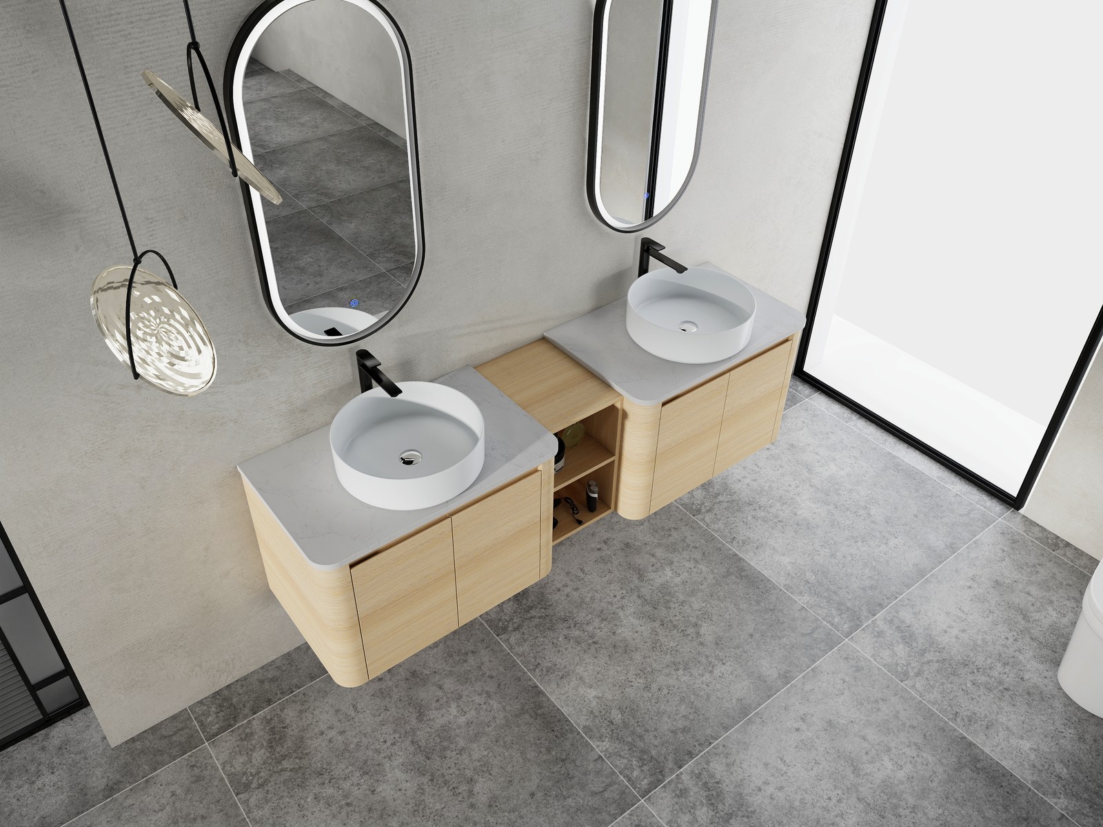 72″ Floating Bathroom Vanity W/ 2 White Ceramic Sink Stone Slab Top+Open Shelves