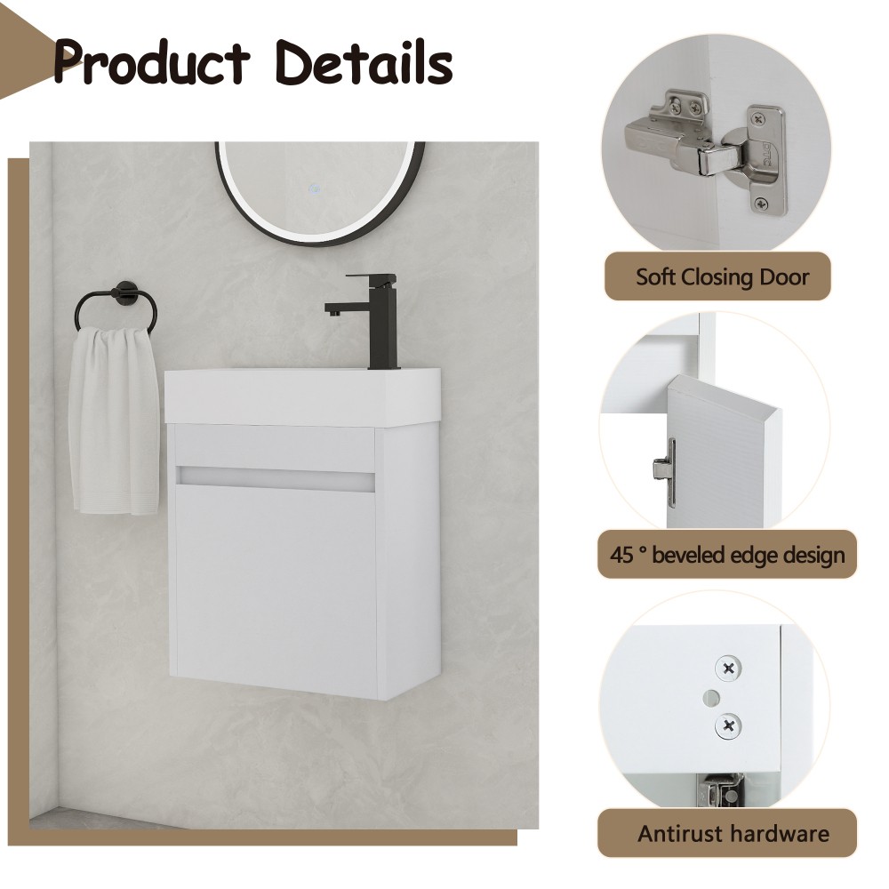 Modern Floating Vanity with Soft-Close Door & White Sink, Eco Plywood (18.11″)
