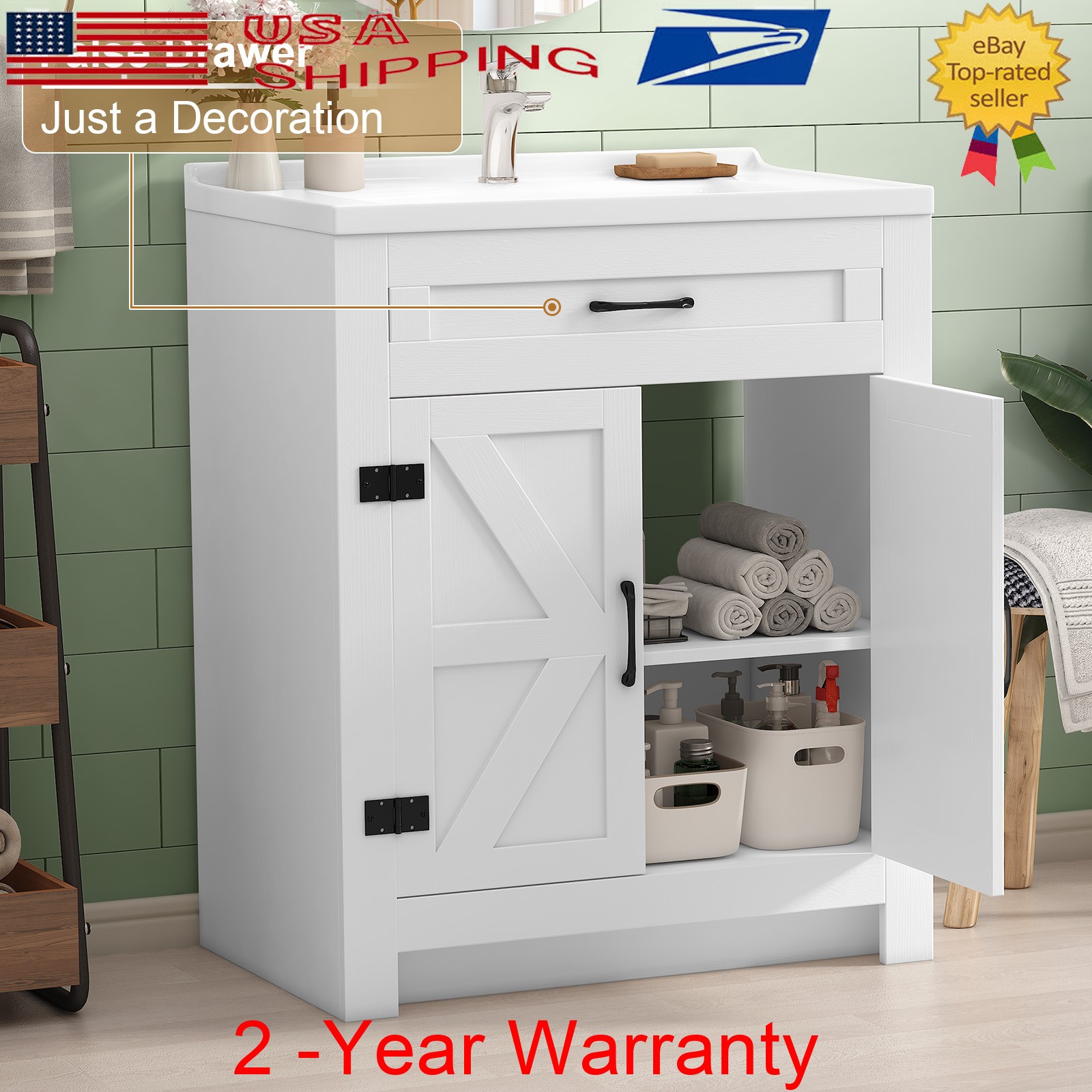 31” Bathroom Vanity Combo with Drop in Ceramic Sink Storage Cabinet Set White