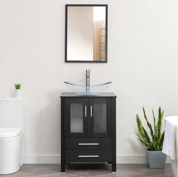 24″ Bathroom Vanity Cabinet Combo Organizer Top Vessel Sink W/ Faucet Drain Hose