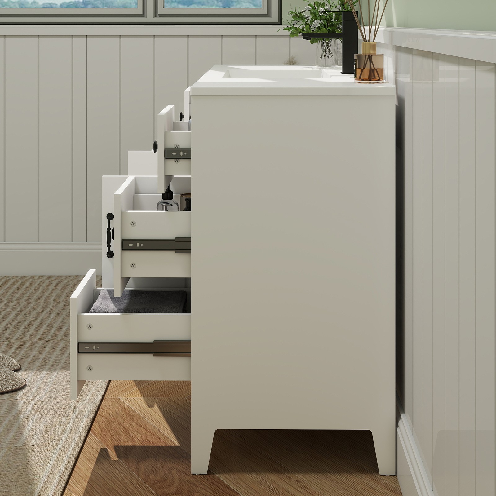 48″ Freestanding Bathroom Vanity Soft-Close 2 Doors 6 Drawers Matte Black Faucet