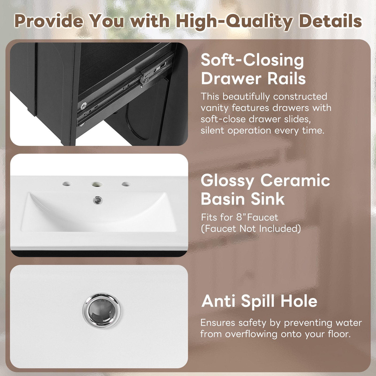 30″ Modern Bathroom Cabinet Floating Bathroom Vanity w/Oval Knobs & Round Edge