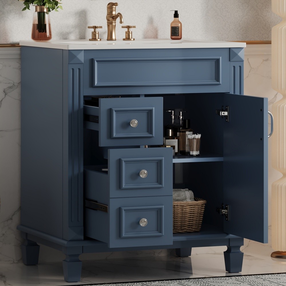 24 Inch Modern Blue Bathroom Vanity with Ceramic Sink Solid Wood MDF Cabinet