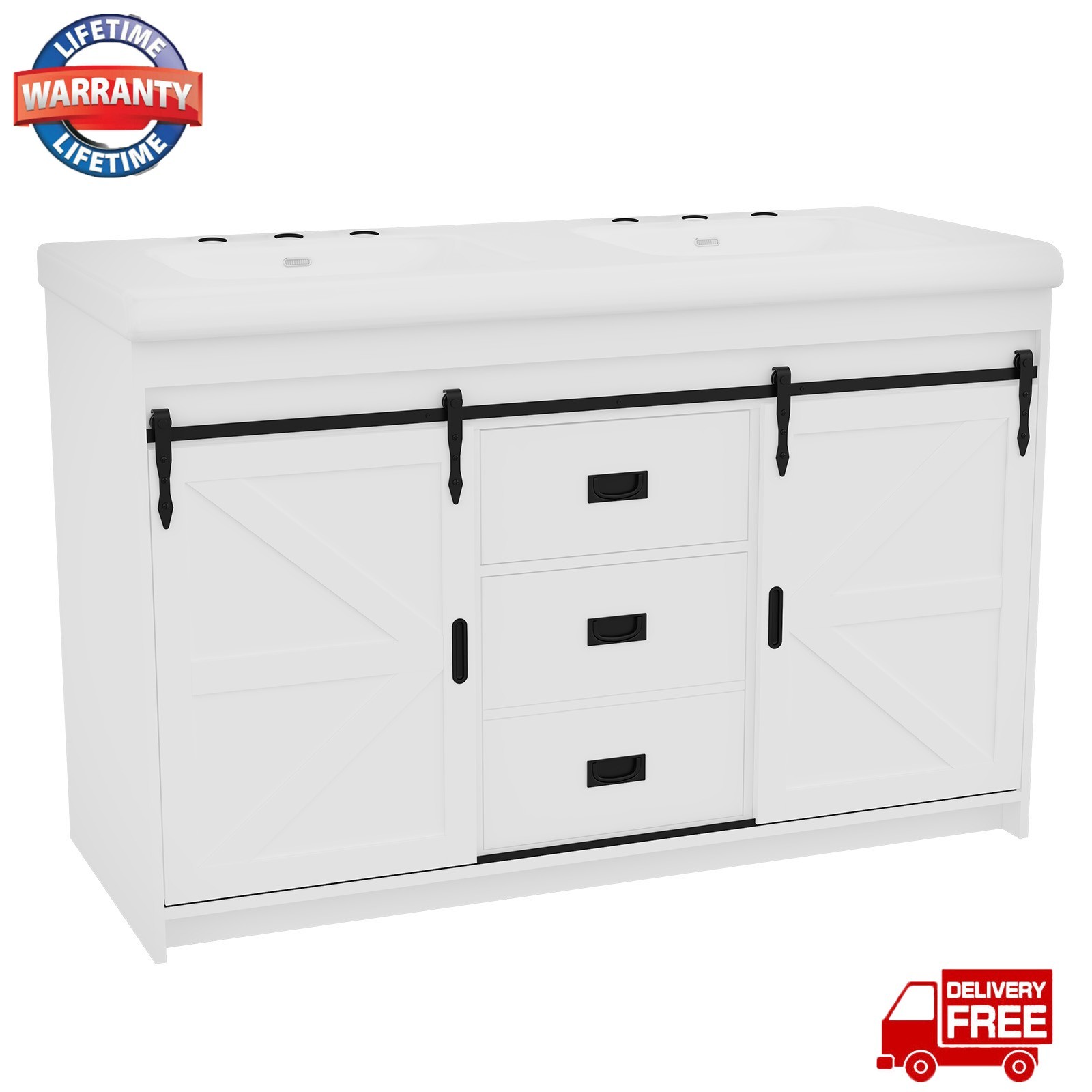 47″ Bathroom Vanity w/Double Ceramic Sink, Freestanding Vanity Cabinet,2 Drawers