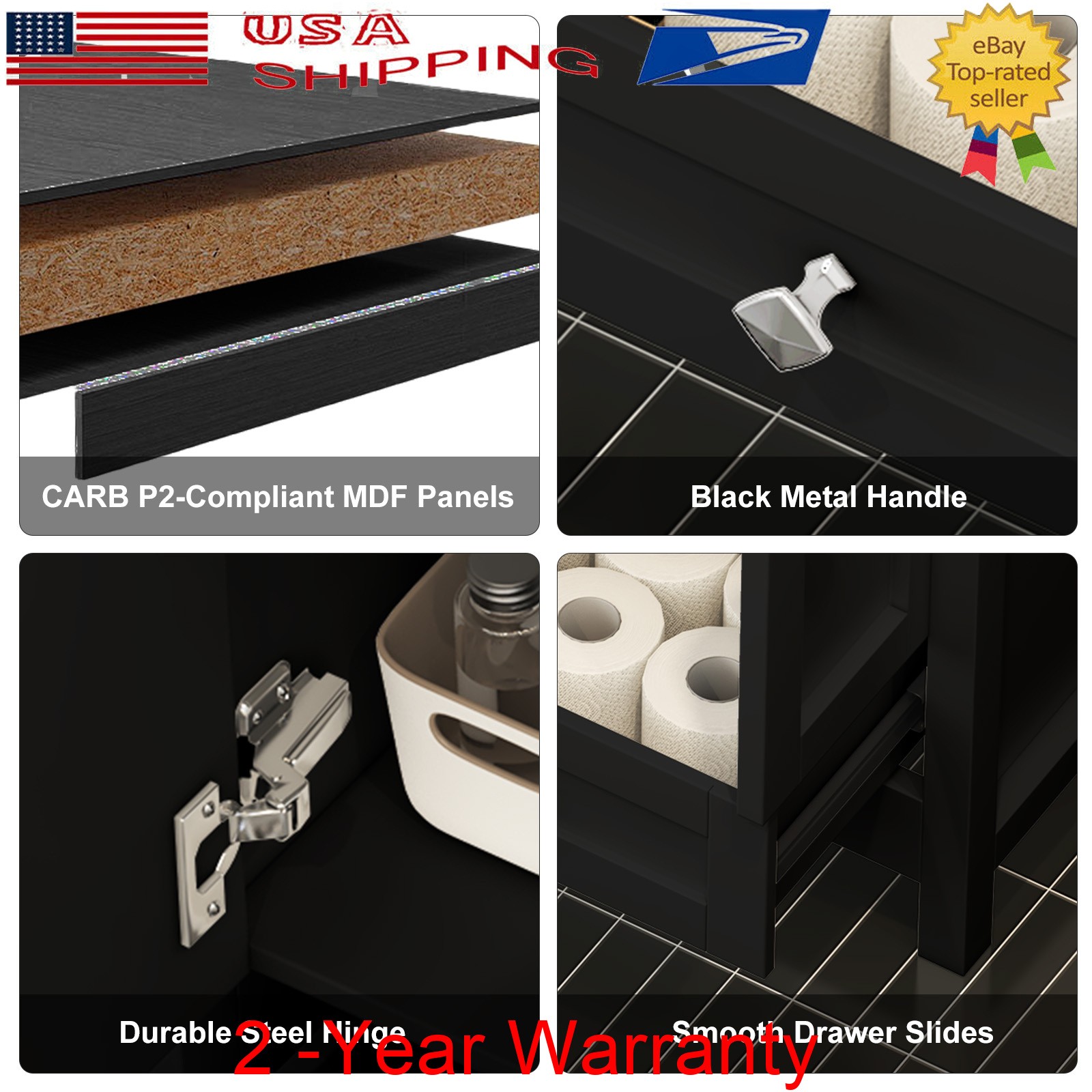 47in Large Freestanding Bathroom Cabinet with Double Sink Black Vanity Cabinet