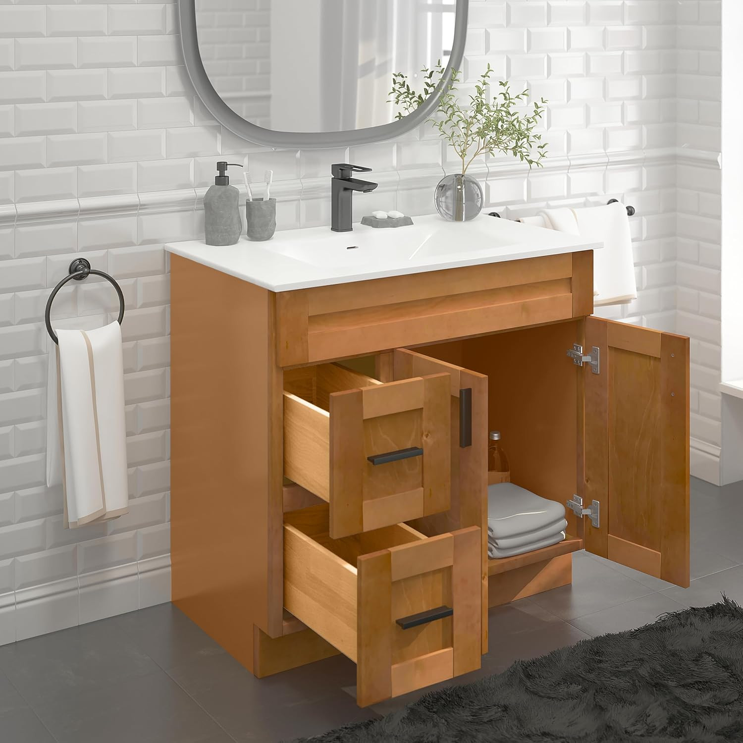 36″ Maple Shaker Sink Base Bathroom Vanity with Drawers – Easy Assembly