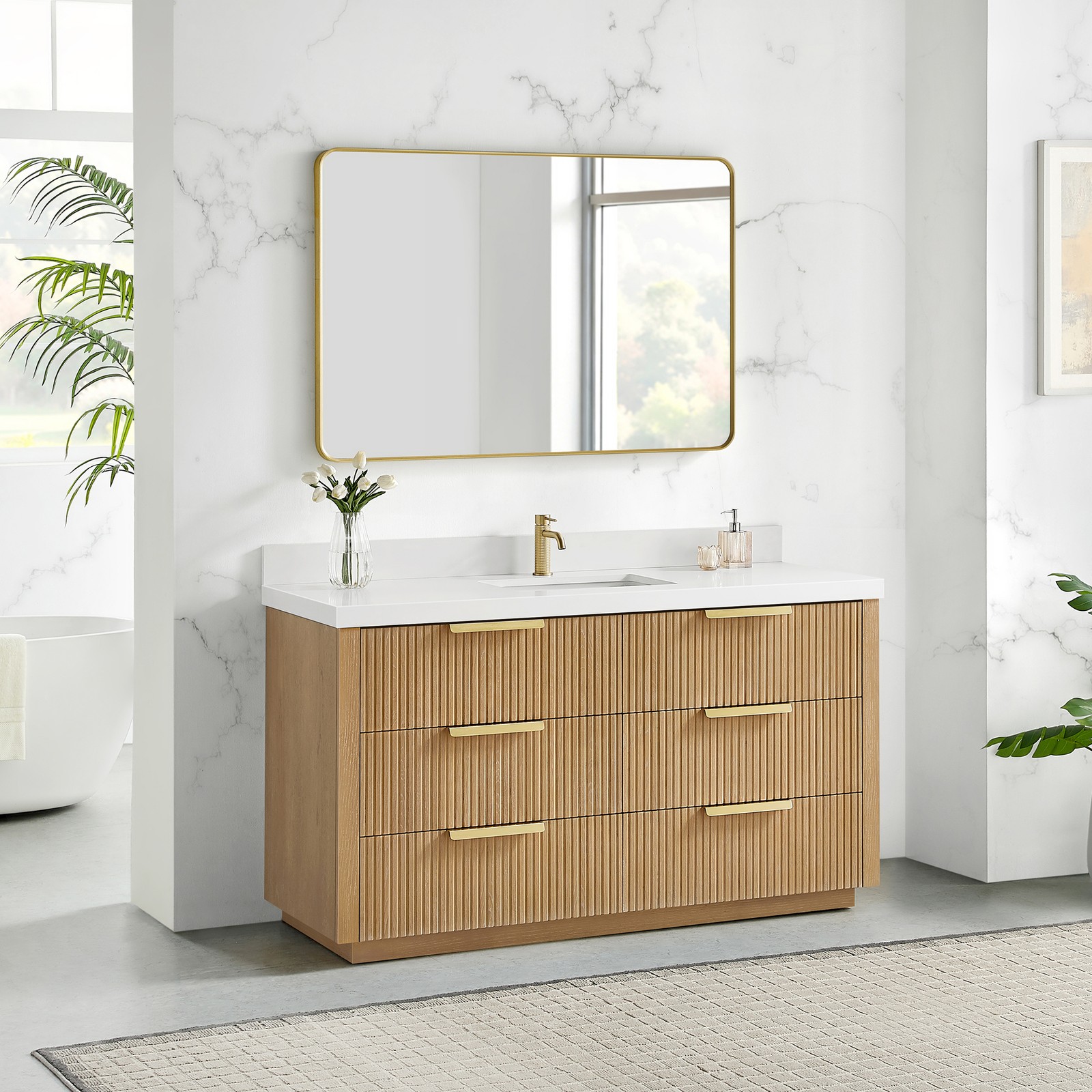 Santarem 60″ Single Bath Vanity in Washed Ash Grey with White Quartz Stone Top