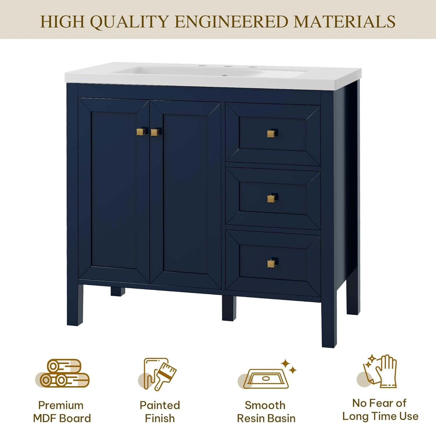 Navy Blue 36″ Vintage Bathroom Vanity with Sink, Soft-Closing Doors & Drawers