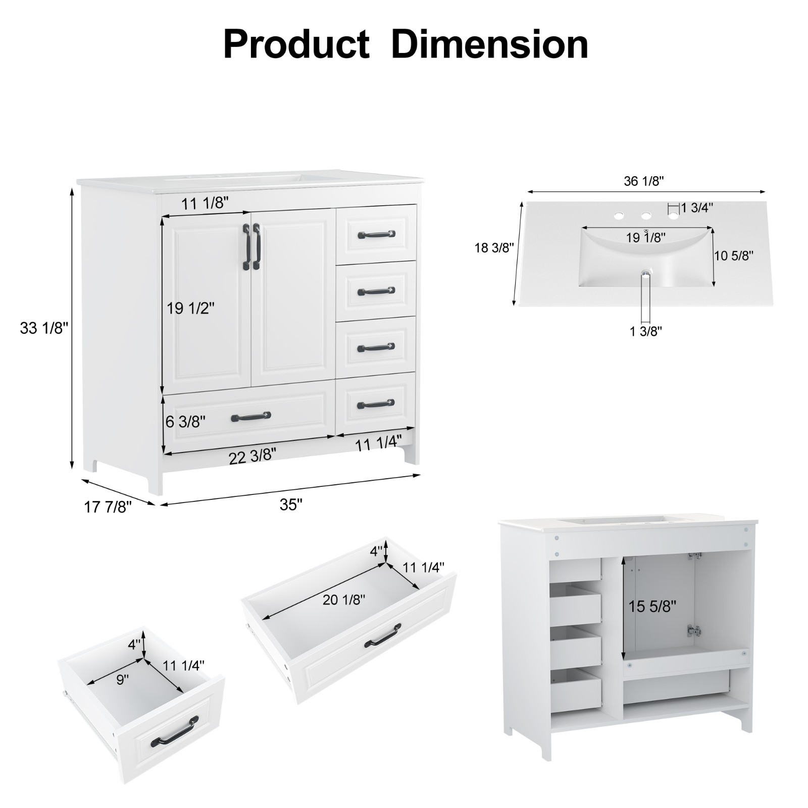 24″ 30″ 36″ Bathroom Vanity Set Storage Cabinet with Ceramic Sink Combo White