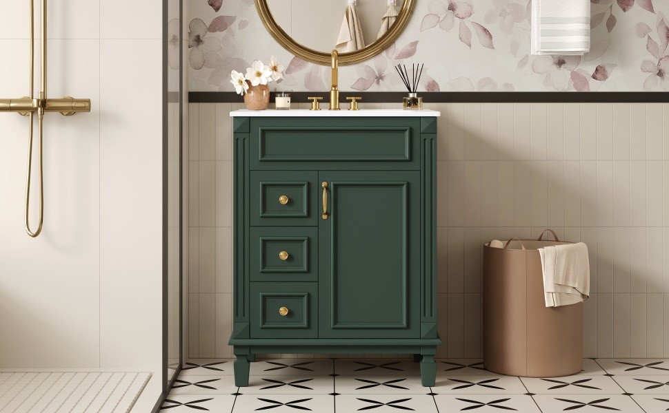 24″ Bathroom Vanity with Ceramic Sink, 2 Drawers, Adjustable Shelf