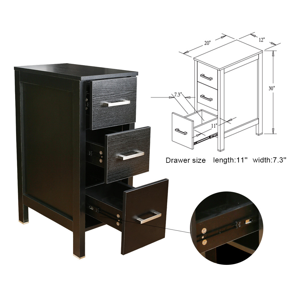 12″ Small Bathroom Vanity Black Beside Cabinet 3 Drawers Shelf MDF Wood