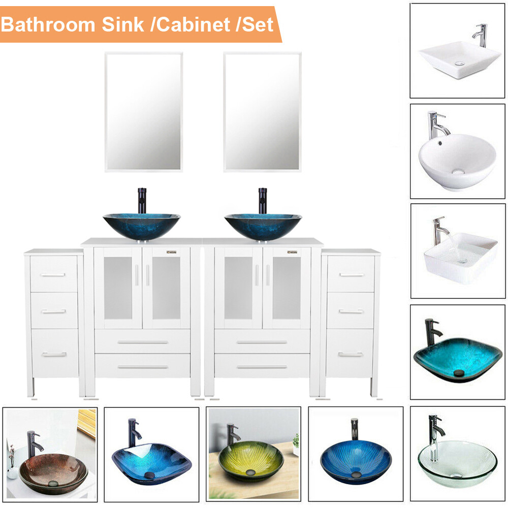72″ White Bathroom Vanity Set Cabinet Vessel Glass/Ceramic Sink Faucet Combo