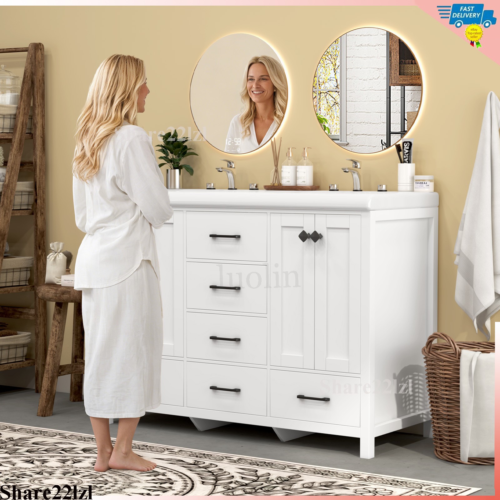 47″ Bathroom Vanity Storage Cabinet with Double Ceramic Sink White Freestanding