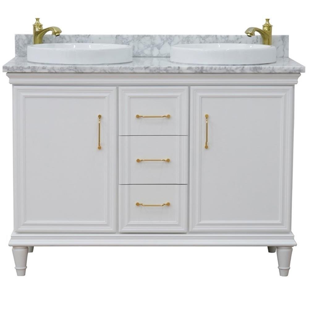 49 in. Double Wooden Vanity White with White Carrara Round Sink