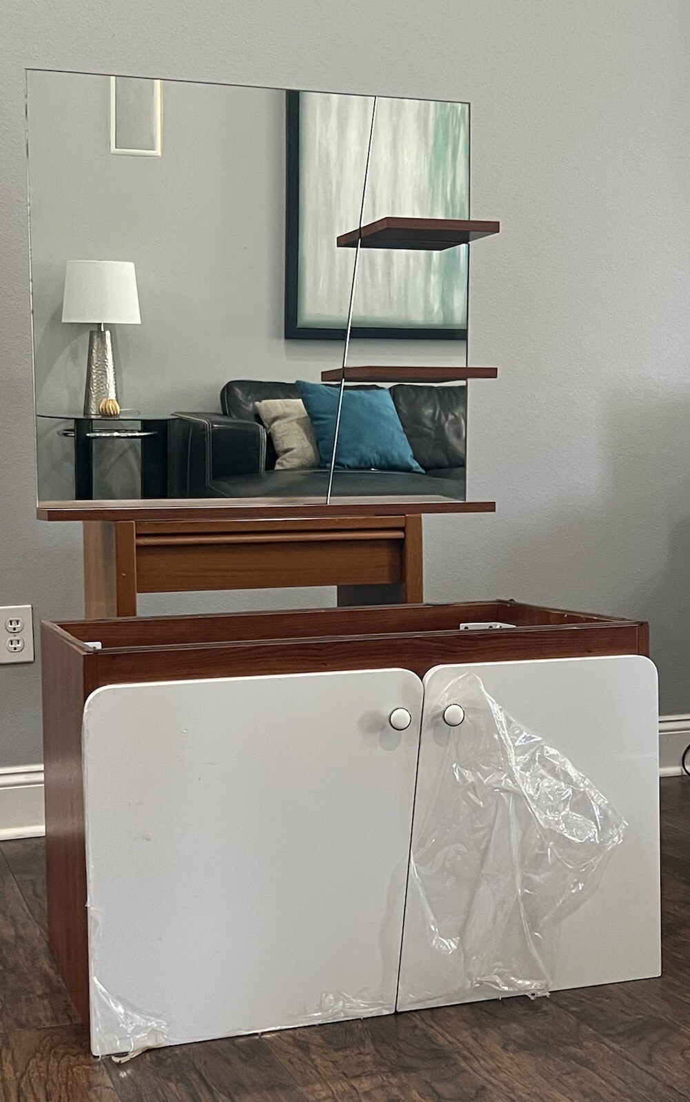 Modern Scandinavian Floating Bathroom Vanity Cabinet & Mirror With Shelving