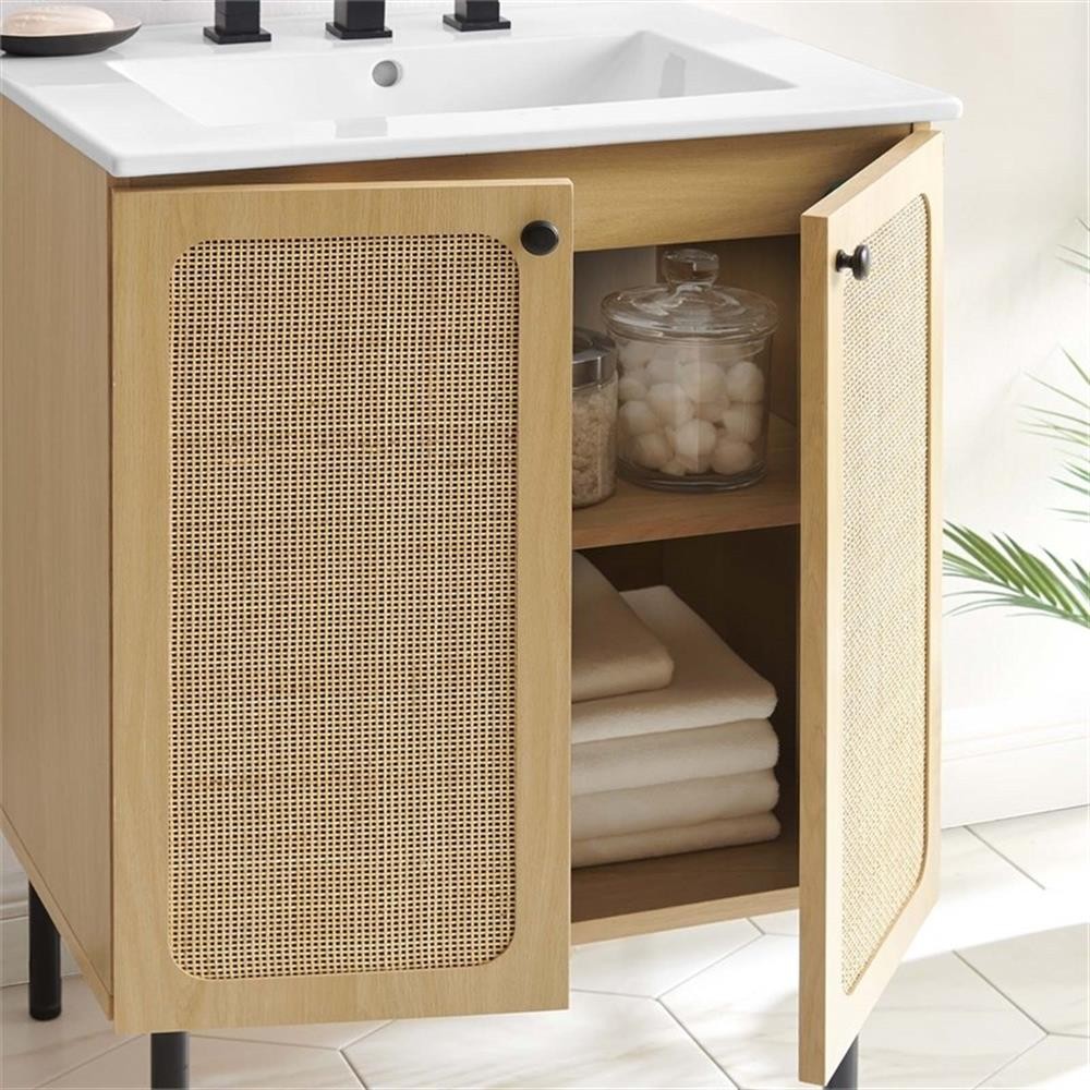 Pemberly Row Contemporary 24″ Wood & Rattan Bathroom Vanity in Oak/White