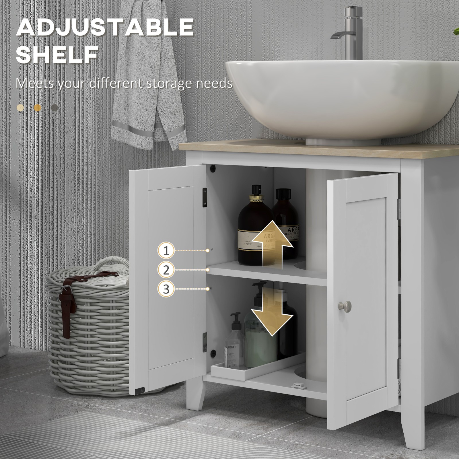 Base sink storage cabinet, U-shaped and adjustable internal shelves