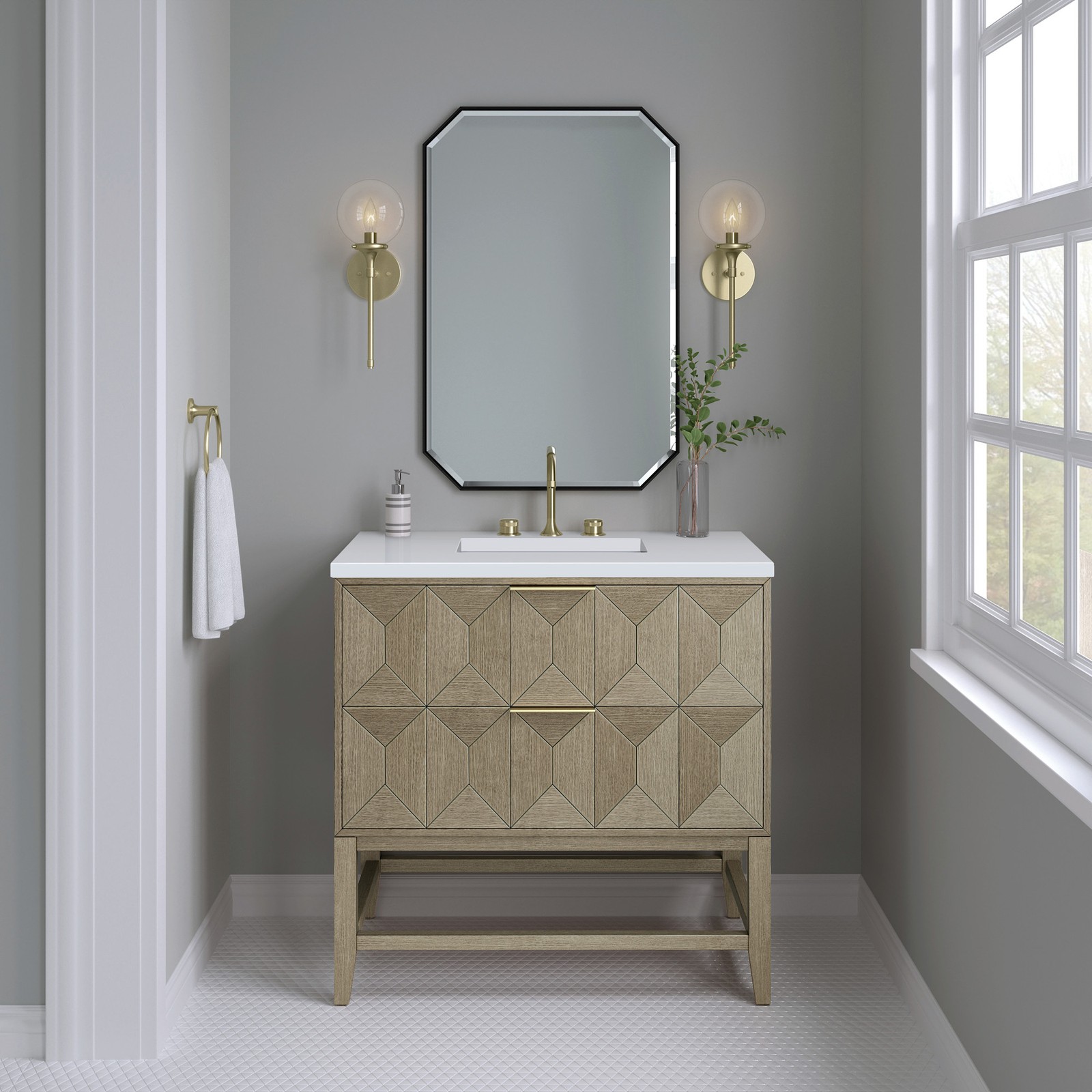 James Martin Vanities D100-V36-3WZ Emmeline 36″ – Pebble Oak / White Zeus