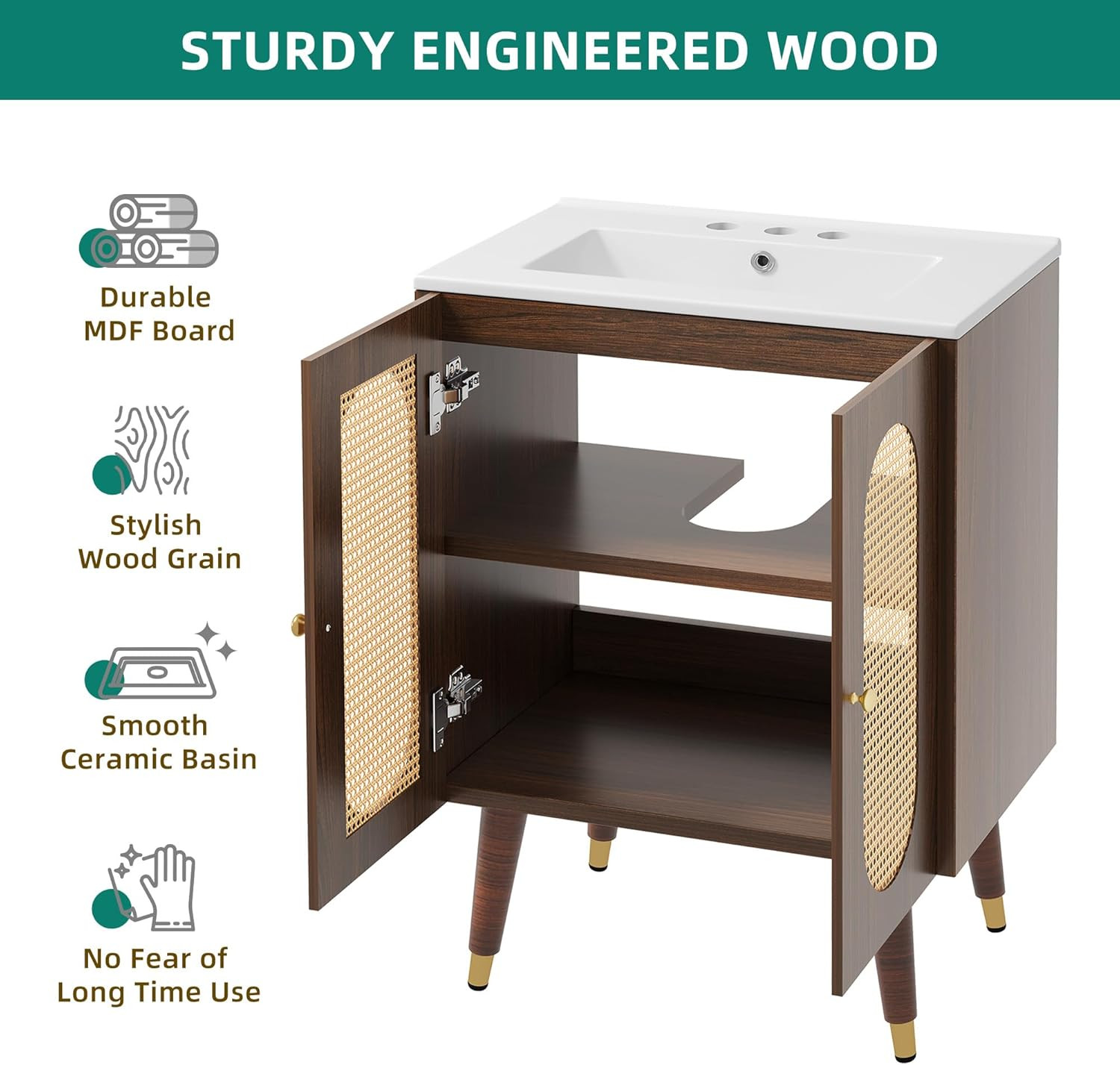 24″ Walnut Rattan Bathroom Vanity with Sink & Soft-Close Doors, Boho Style