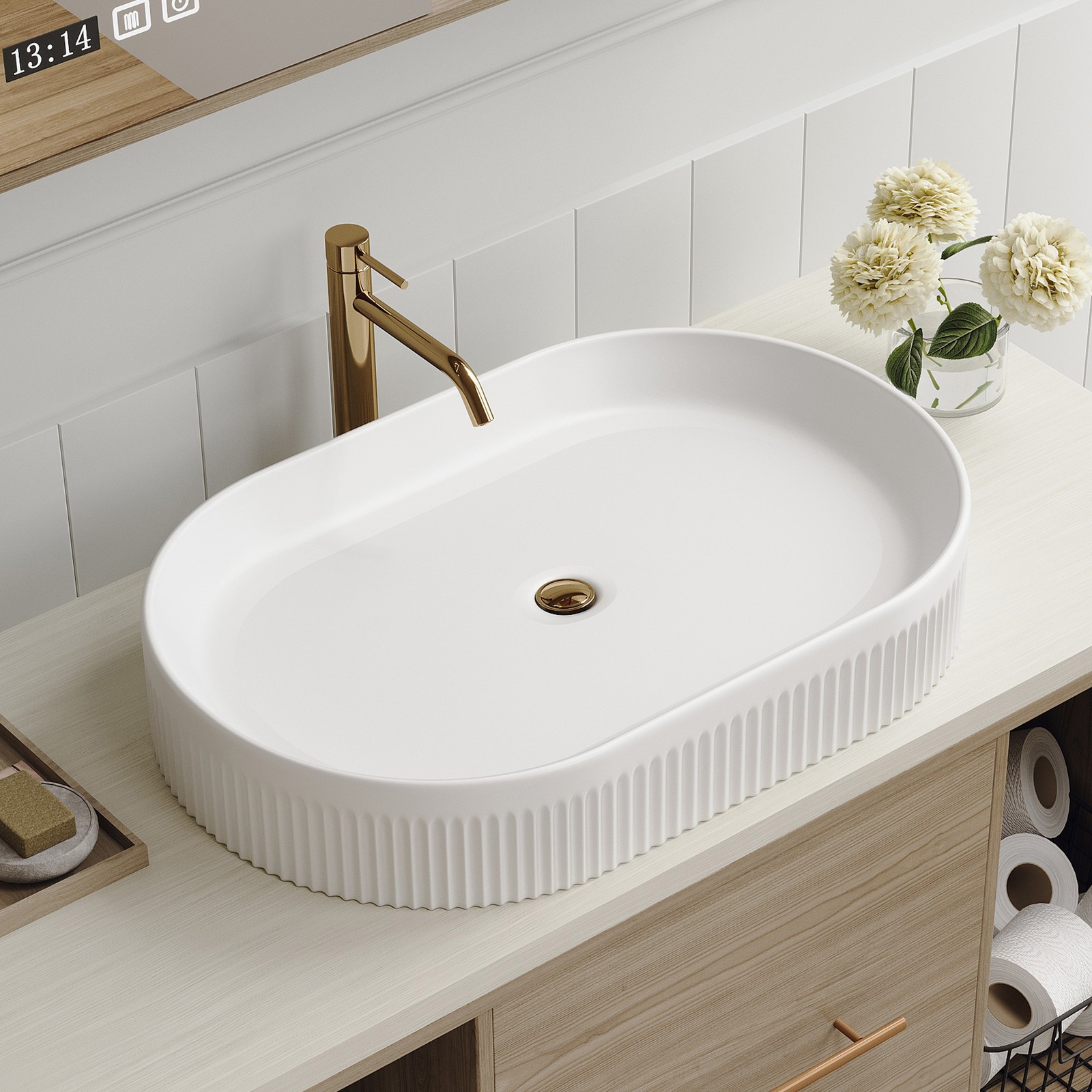 White Ceramic Oval Vessel Bathroom Sink 22.8-Inch